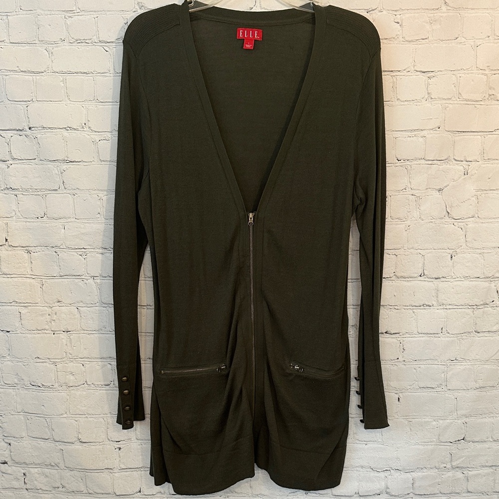 Elle Deep Green Cotton Zip Cardigan